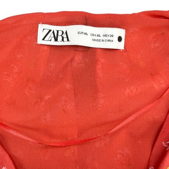 Zara Floral Puff Sleeve Blouse Size XL Red - Picture 3 of 6